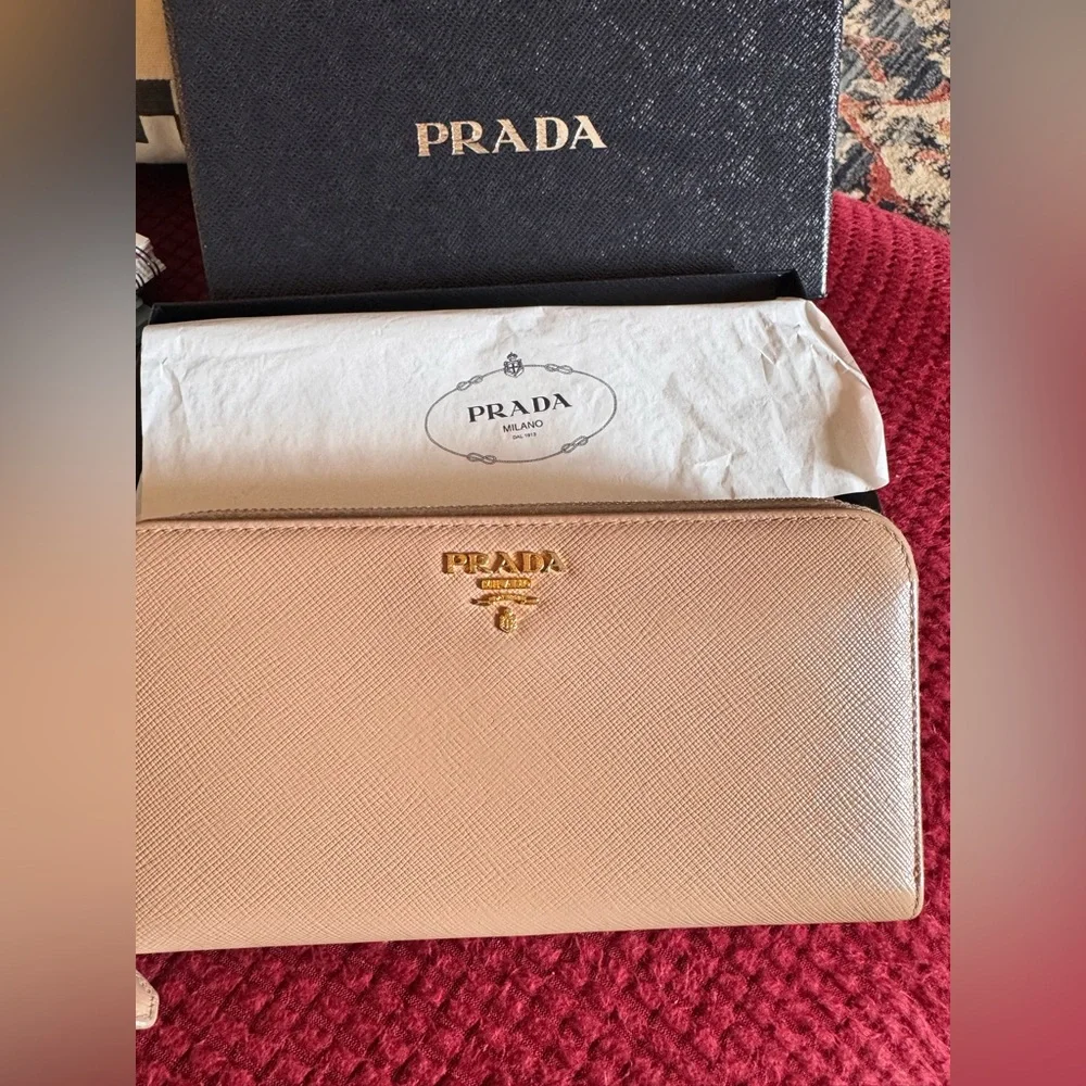 Prada Saffiano Leather Beige/Tan Large Zip Around Wallet w/Original Box - Picture 1 of 10